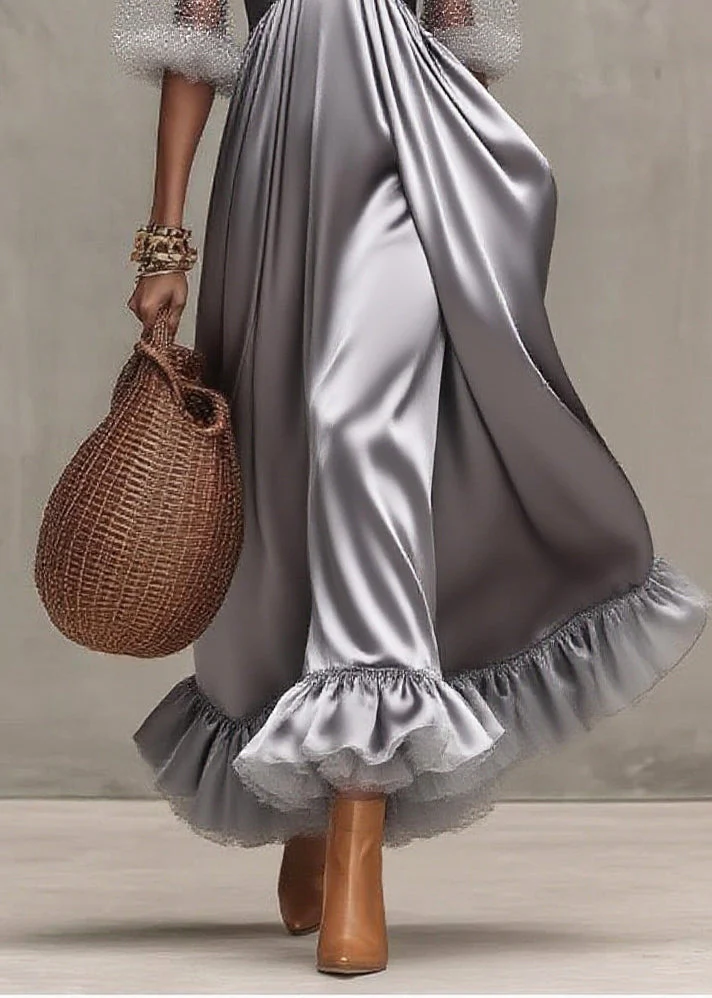 Elegant Grey Exra Large Hem Patchwork Tulle Evening Dress Puff Sleeve - Image 4