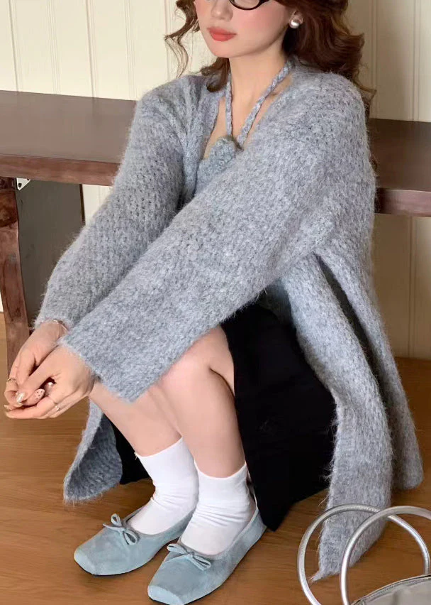 Elegant Grey Halter Floral Knit Cardigan Two Pieces Set Winter - Image 2