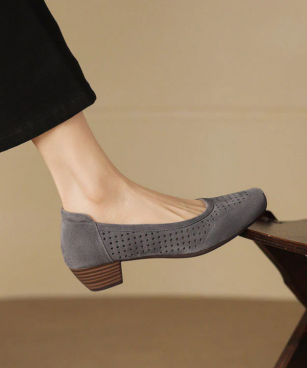 Elegant Grey Hollow Out Splicing Suede Chunky Shoes - Image 5