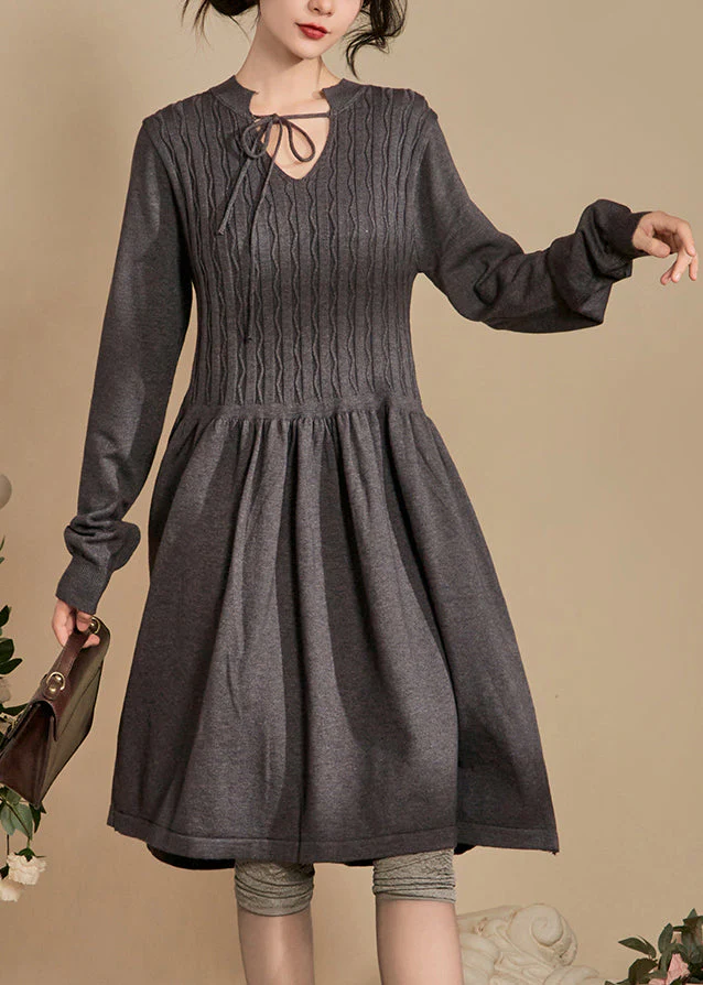 Elegant Grey Lace Up Solid Knit Dresses Spring - Image 2