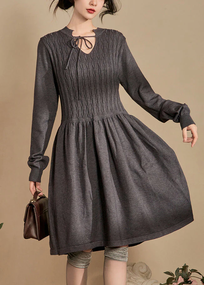 Elegant Grey Lace Up Solid Knit Dresses Spring - Image 3
