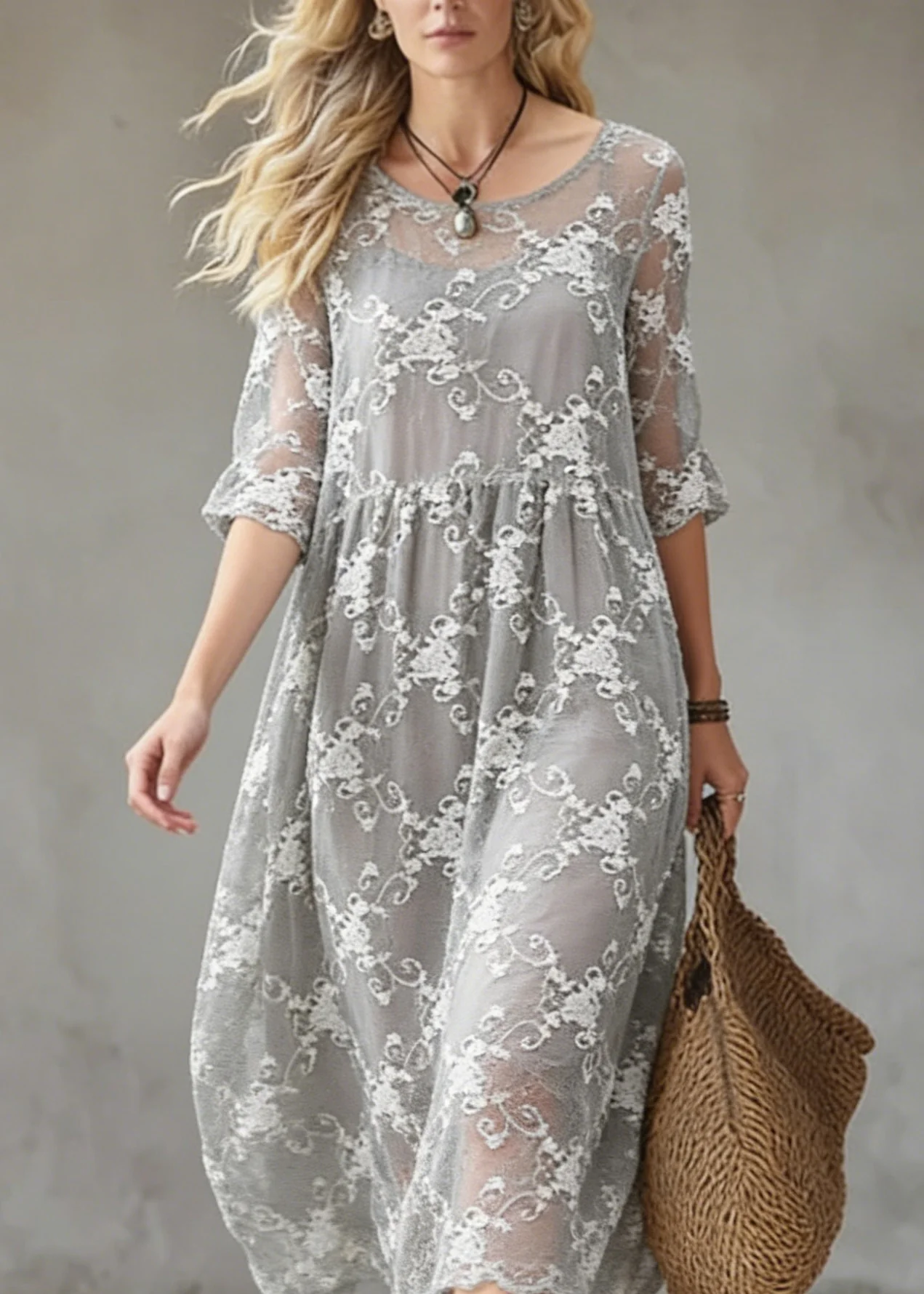 Elegant Grey O-Neck Embroidered Silk Cotton Dress Summer - Image 2