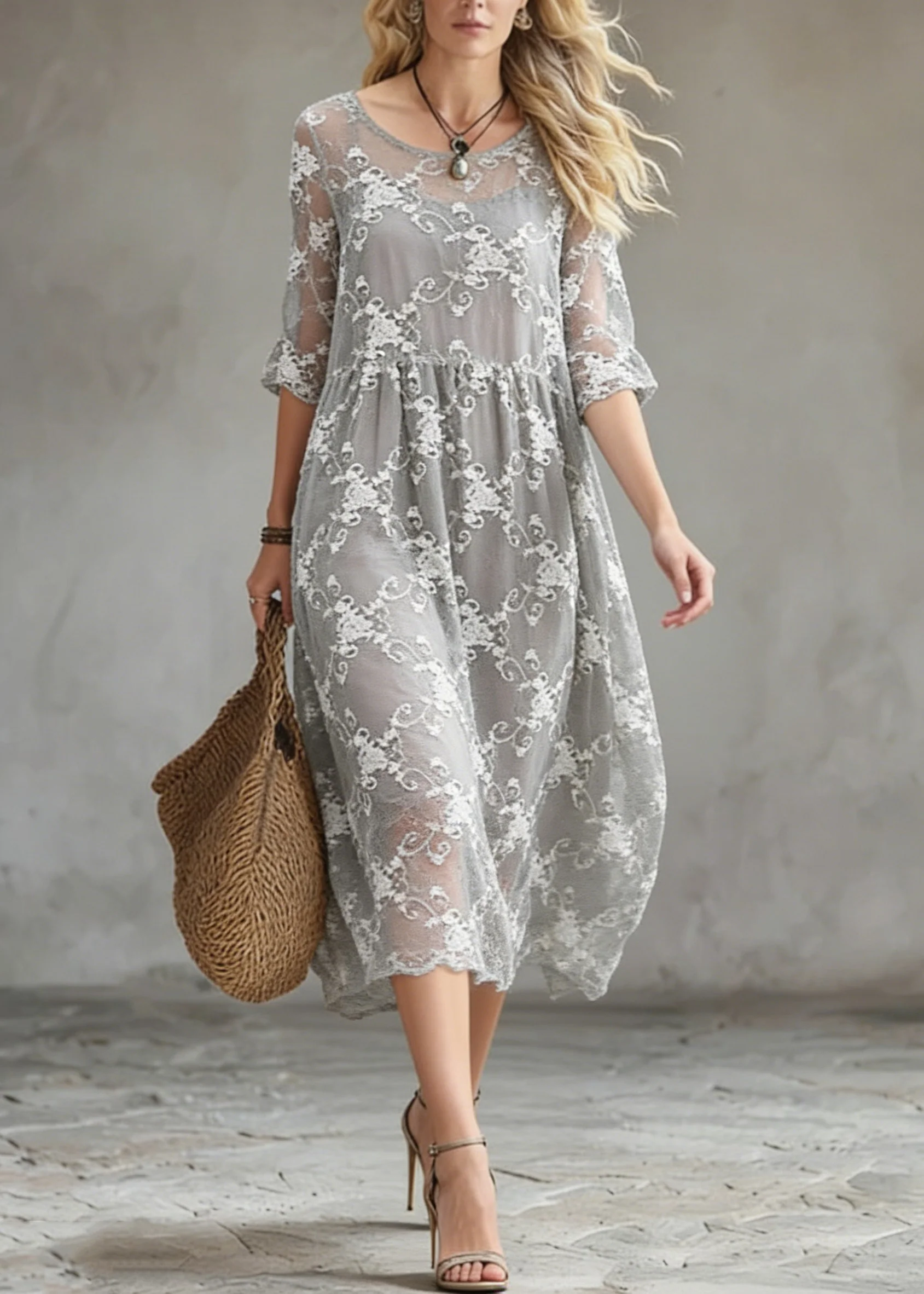 Elegant Grey O-Neck Embroidered Silk Cotton Dress Summer - Image 3