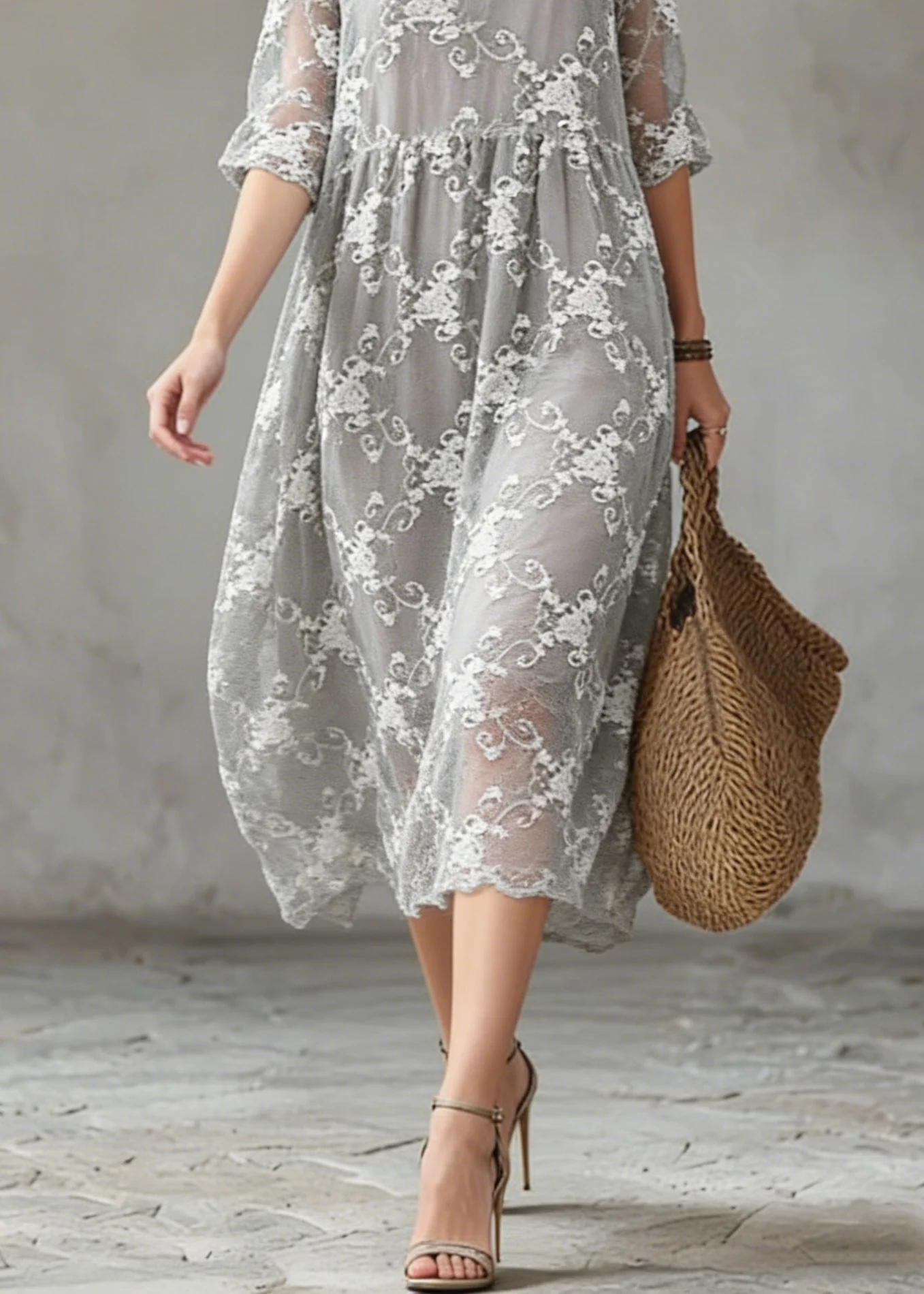 Elegant Grey O-Neck Embroidered Silk Cotton Dress Summer - Image 4