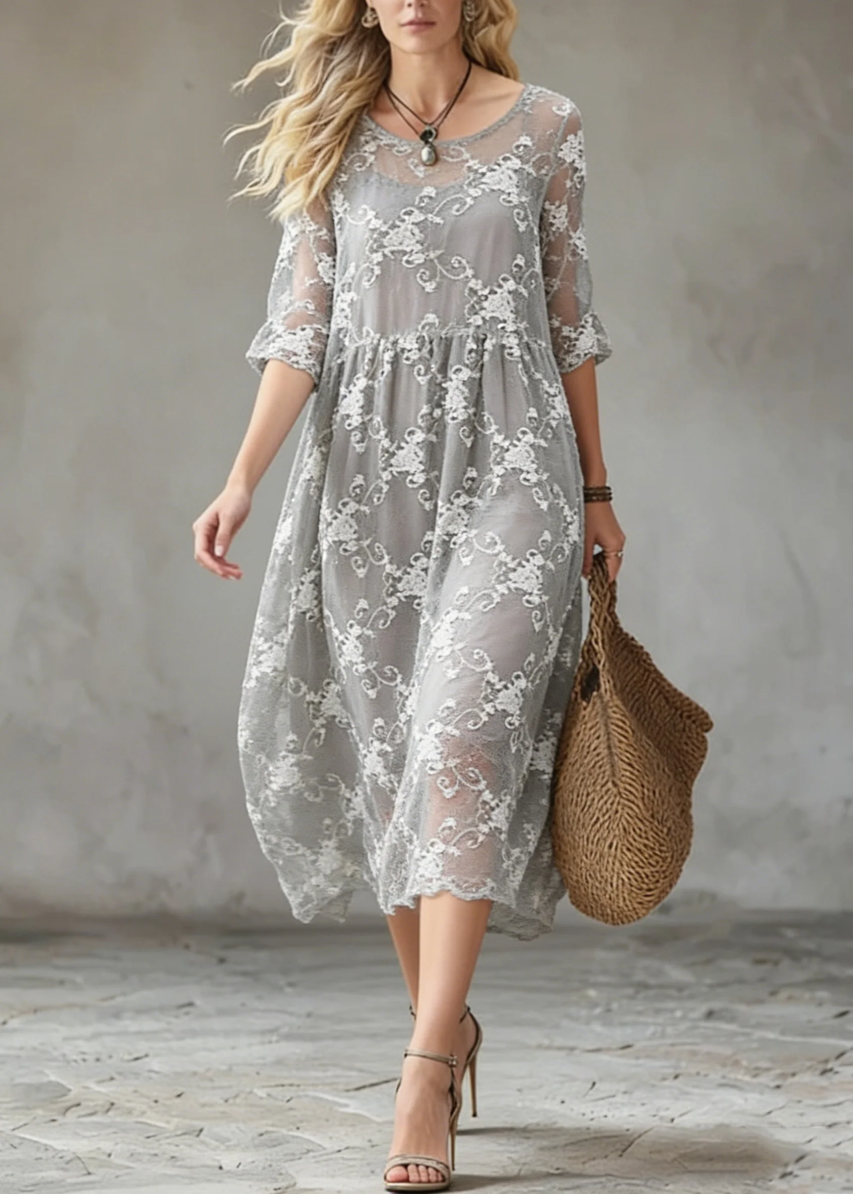 Elegant Grey O-Neck Embroidered Silk Cotton Dress Summer - Image 5
