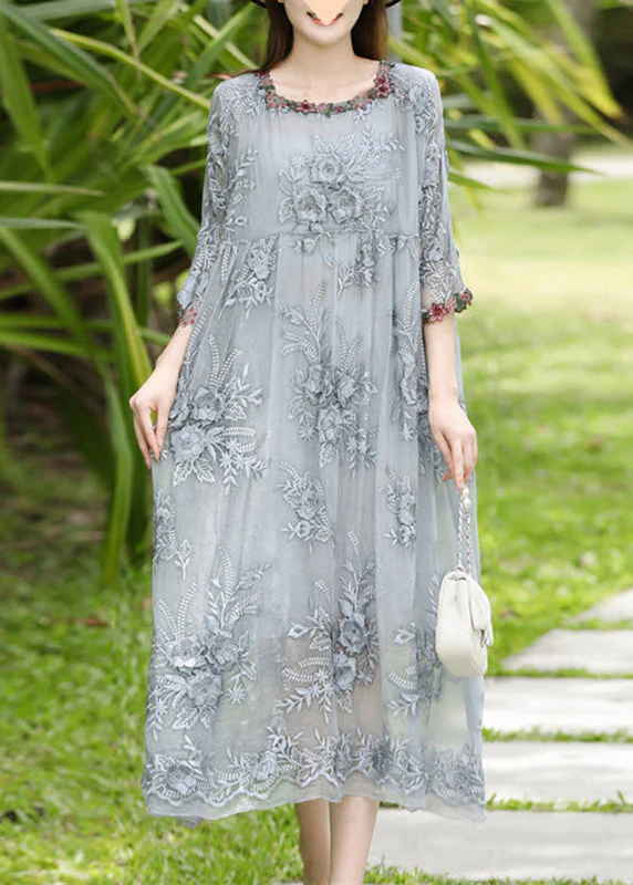 Elegant Grey O-Neck Embroidered Silk Long Dresses Bracelet Sleeve - Image 2