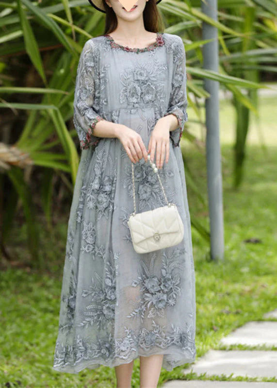 Elegant Grey O-Neck Embroidered Silk Long Dresses Bracelet Sleeve - Image 3