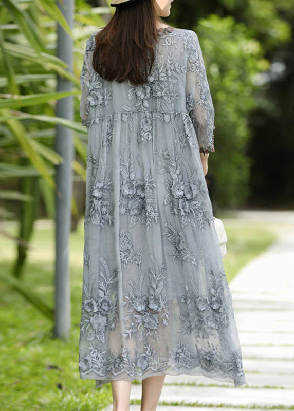 Elegant Grey O-Neck Embroidered Silk Long Dresses Bracelet Sleeve - Image 5