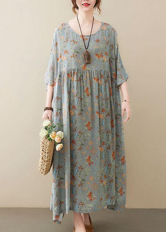 Elegant Grey O-Neck Patchwork Print Half Sleeve Summer Long Dress - Image 2