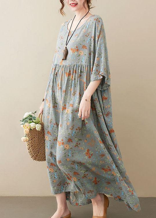 Elegant Grey O-Neck Patchwork Print Half Sleeve Summer Long Dress - Image 3