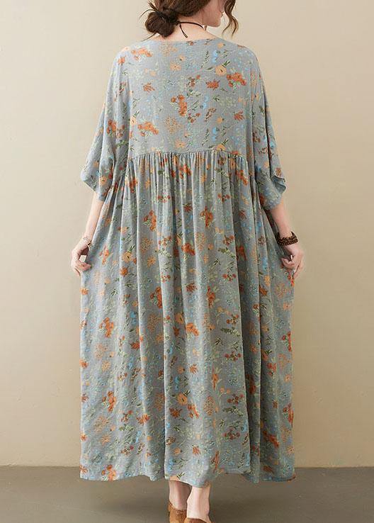 Elegant Grey O-Neck Patchwork Print Half Sleeve Summer Long Dress - Image 4