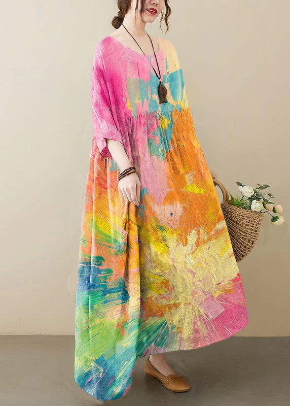 Elegant Grey O-Neck Patchwork Print Half Sleeve Summer Long Dress - Image 6