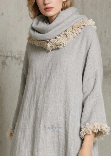 Elegant Grey Oversized Patchwork Faux Fur Long Dress Fall - Image 2