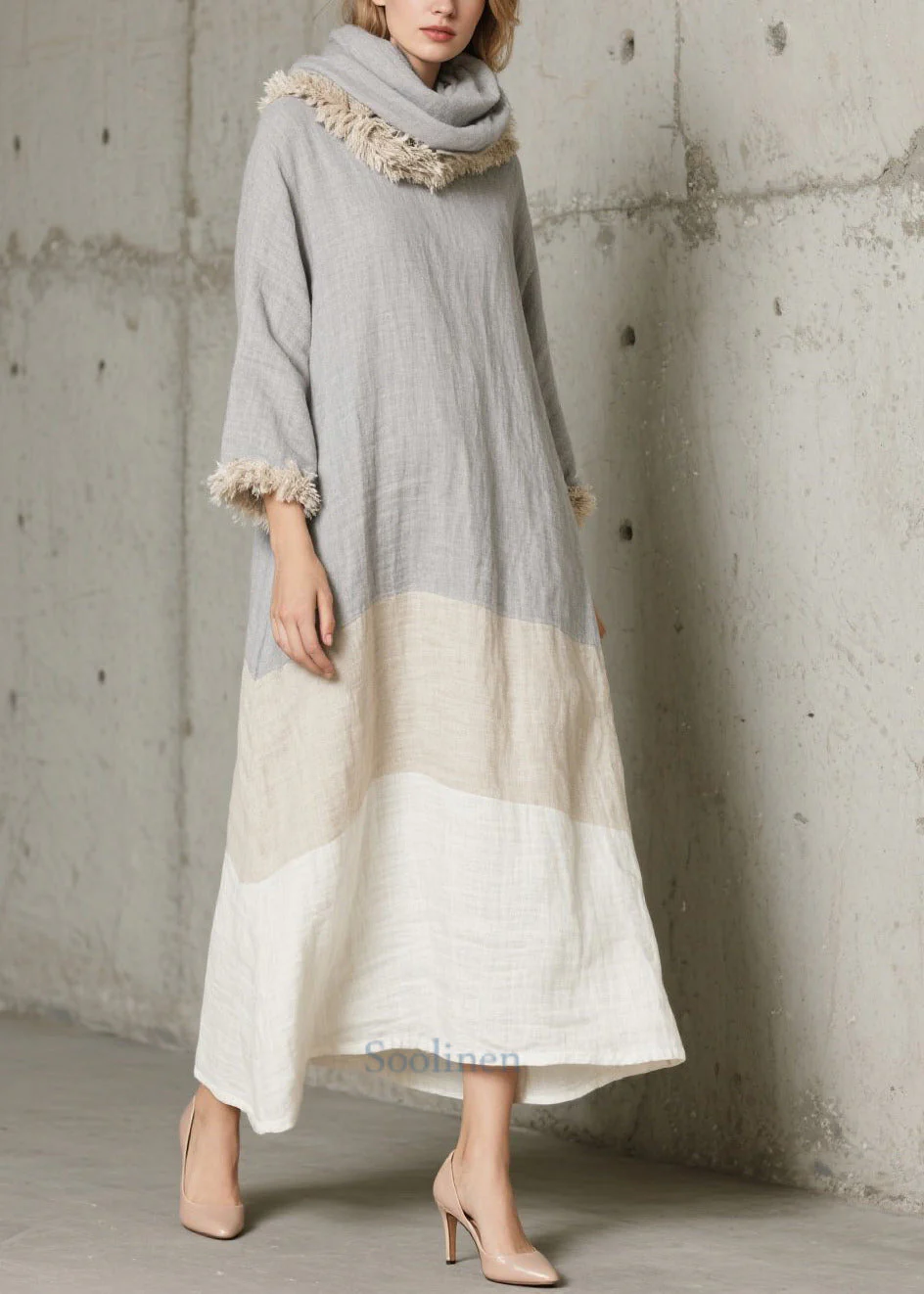Elegant Grey Oversized Patchwork Faux Fur Long Dress Fall - Image 3