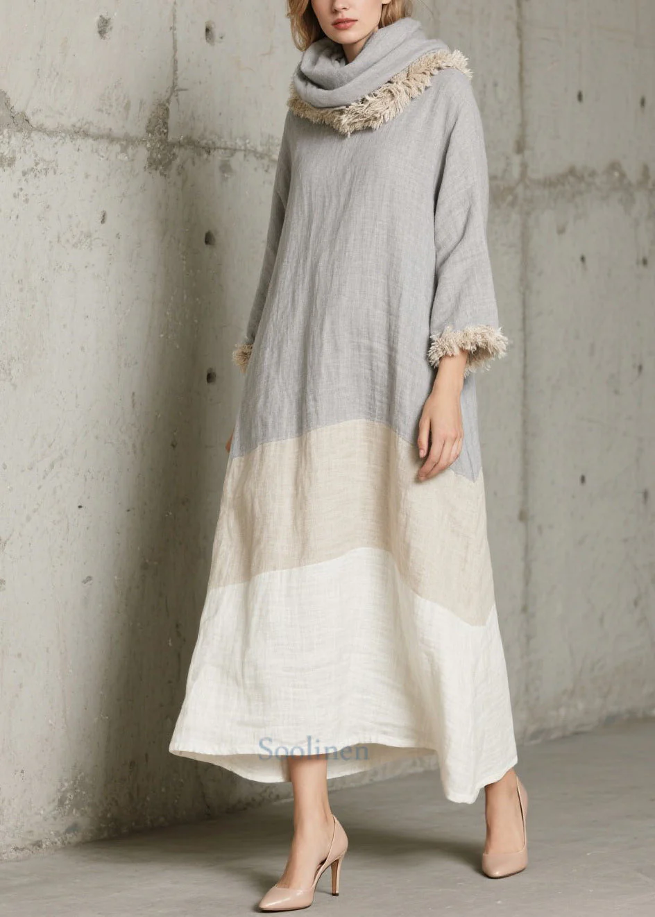 Elegant Grey Oversized Patchwork Faux Fur Long Dress Fall - Image 5