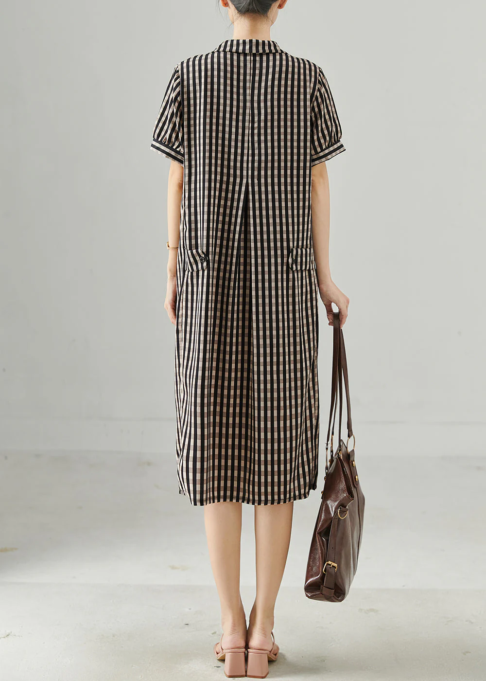 Elegant Grey Peter Pan Collar Plaid Cotton Dress Summer - Image 4