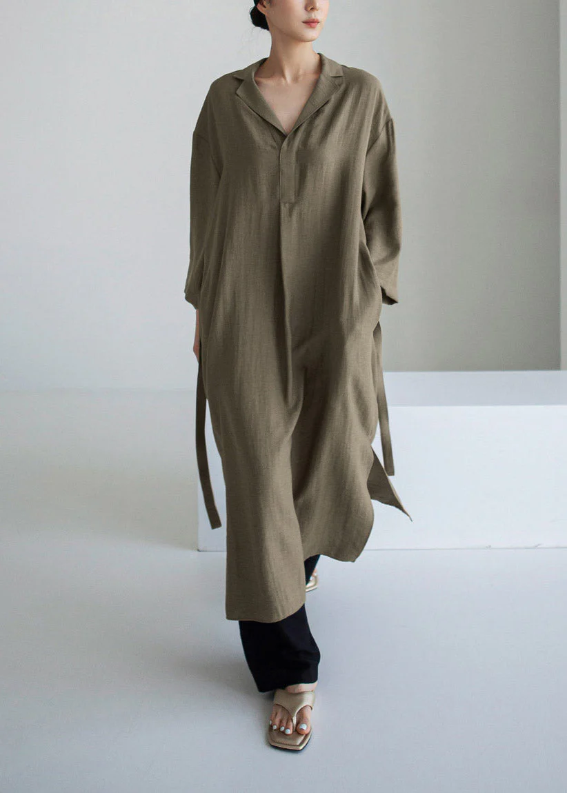 Elegant Grey Peter Pan Collar Pockets Asymmetrical Dress Long Sleeve