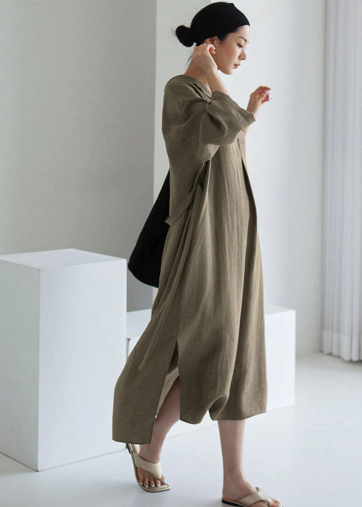 Elegant Grey Peter Pan Collar Pockets Asymmetrical Dress Long Sleeve - Image 3