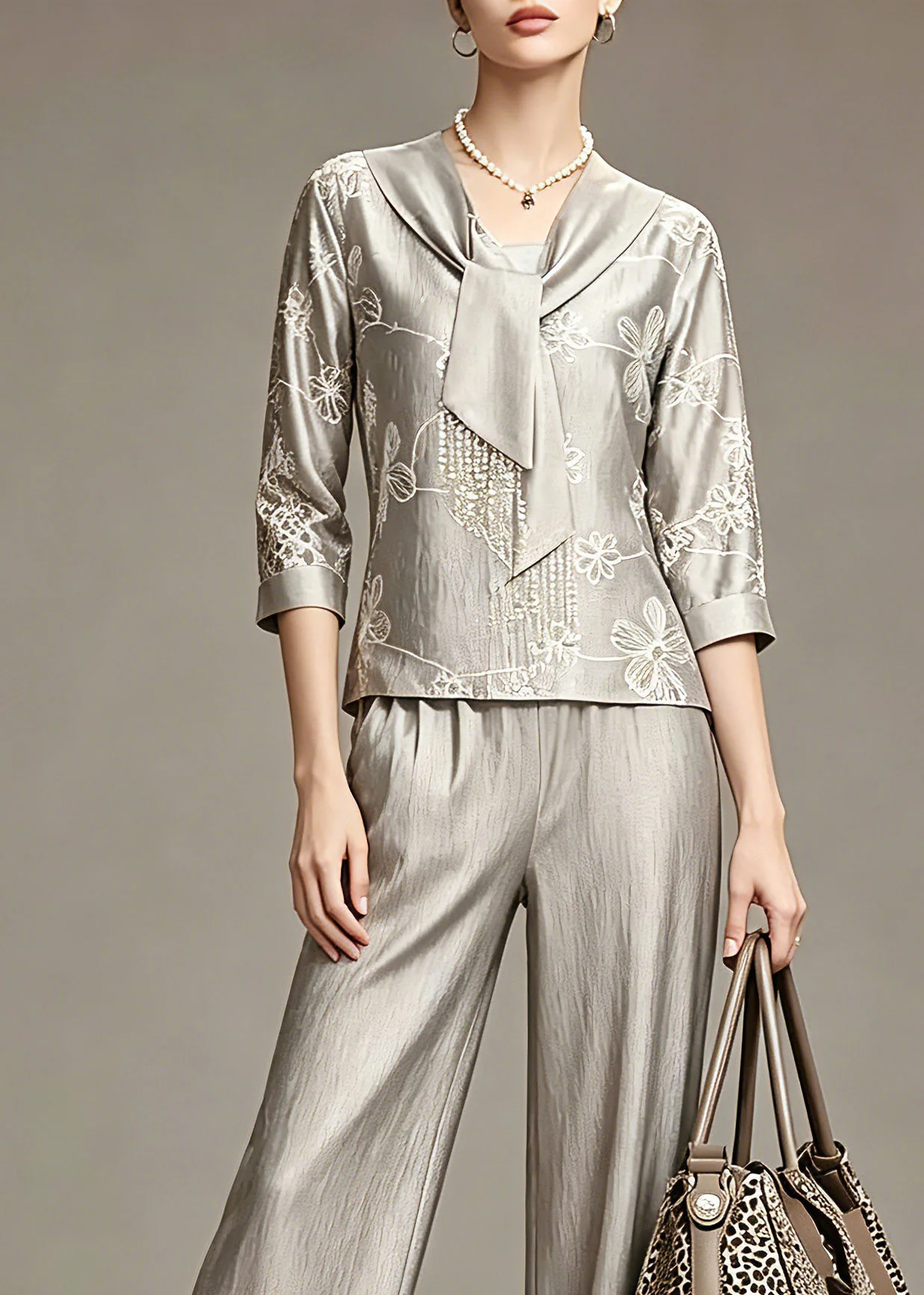 Elegant Grey Print Top And Wide Leg Pants Two Piece Set Spring - Image 2
