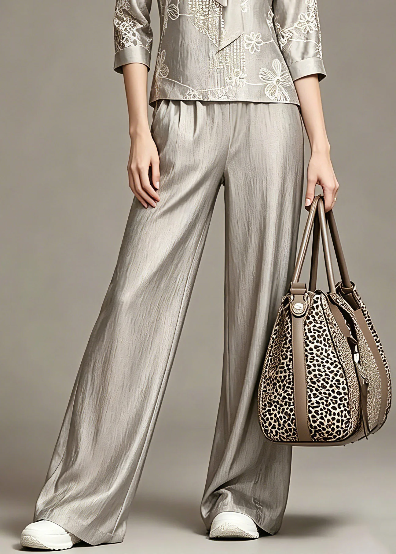 Elegant Grey Print Top And Wide Leg Pants Two Piece Set Spring - Image 4
