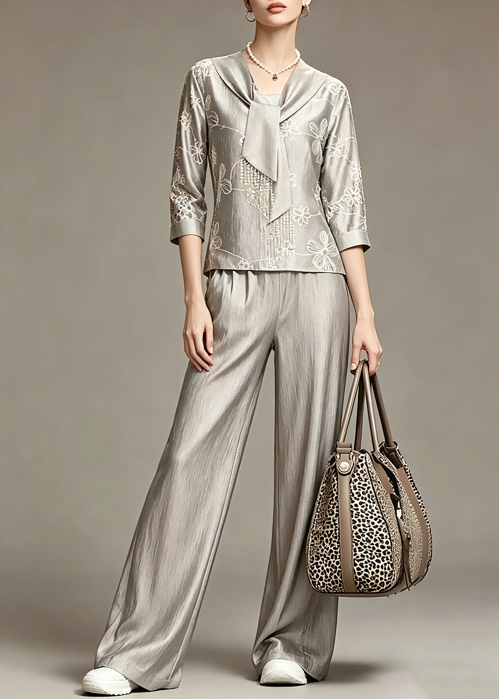 Elegant Grey Print Top And Wide Leg Pants Two Piece Set Spring - Image 5