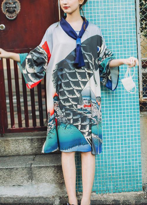 Elegant Grey Print V Neck Summer Animal Long Dress Half Sleeve - Image 2