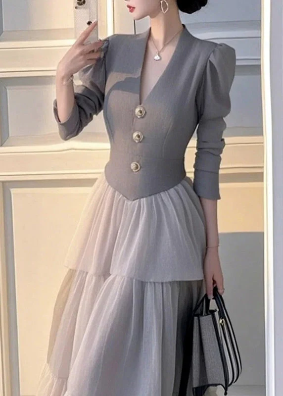 Elegant Grey V Neck Patchwork Tulle Long Dress Spring - Image 2
