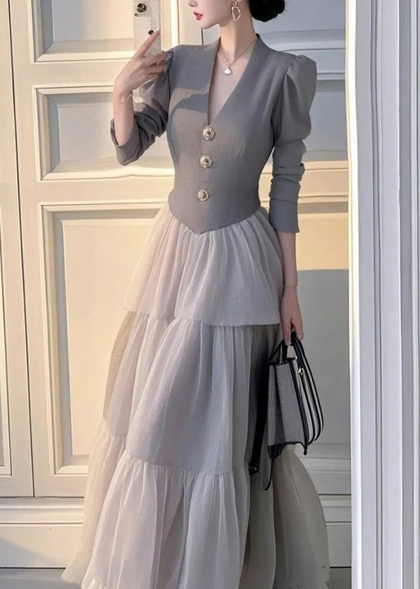 Elegant Grey V Neck Patchwork Tulle Long Dress Spring - Image 3