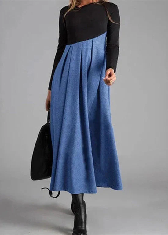 Elegant Grey Wrinkled Patchwork Woolen Long Dress Spring - Image 2
