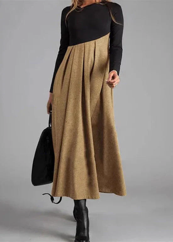 Elegant Grey Wrinkled Patchwork Woolen Long Dress Spring - Image 3