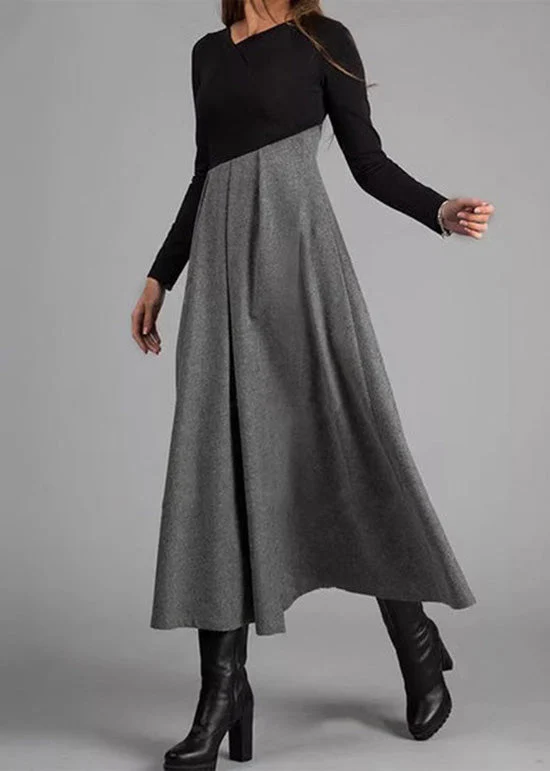Elegant Grey Wrinkled Patchwork Woolen Long Dress Spring - Image 4