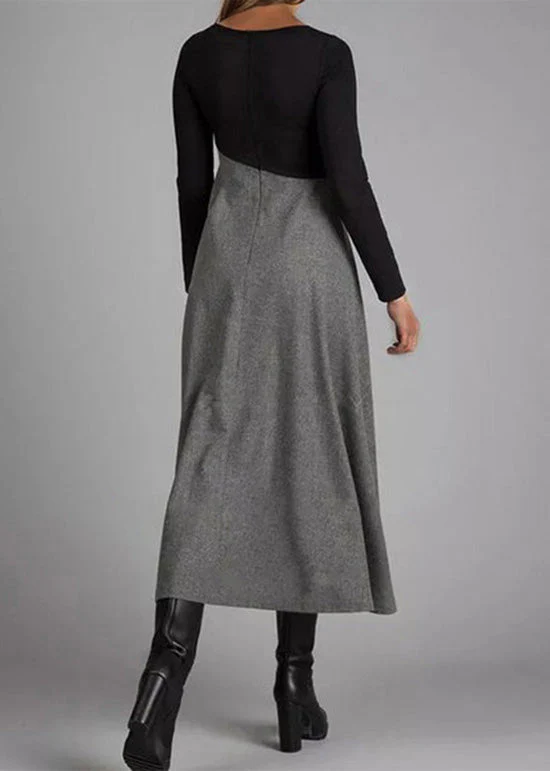 Elegant Grey Wrinkled Patchwork Woolen Long Dress Spring - Image 5