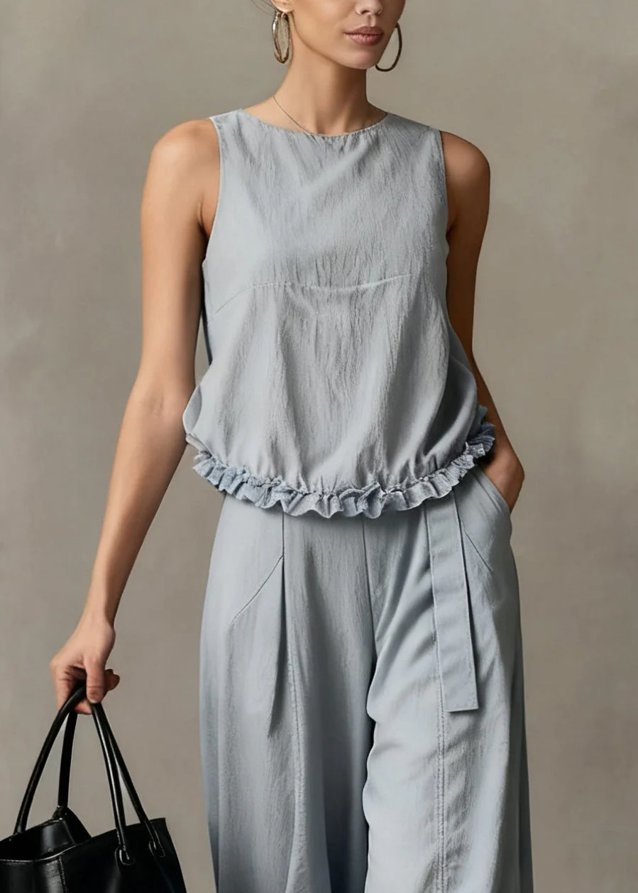 Elegant Haze Blue Ruffled Pockets Cotton Two Piece Set Summer - Image 2