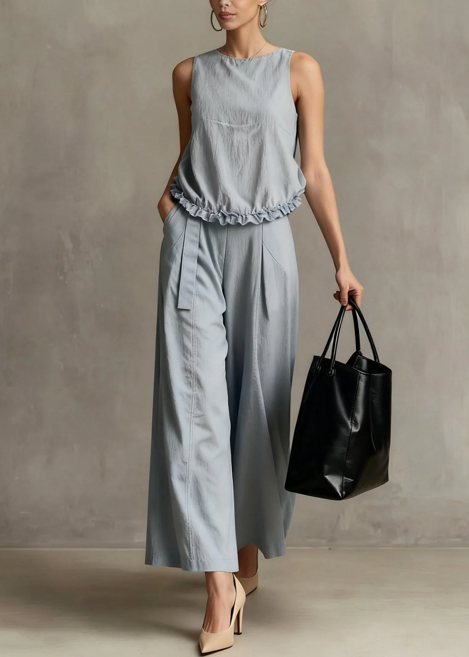 Elegant Haze Blue Ruffled Pockets Cotton Two Piece Set Summer - Image 3