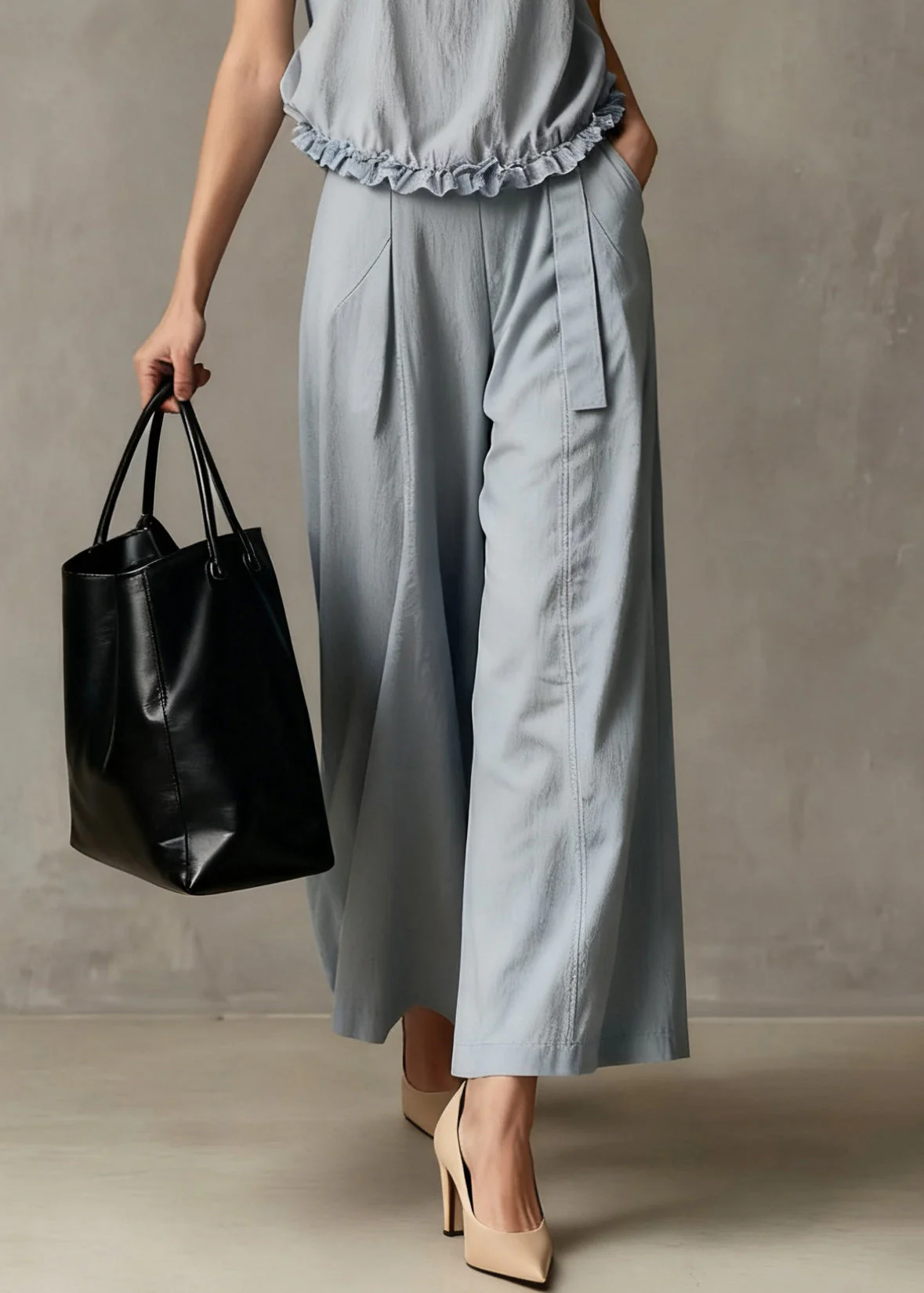 Elegant Haze Blue Ruffled Pockets Cotton Two Piece Set Summer - Image 4