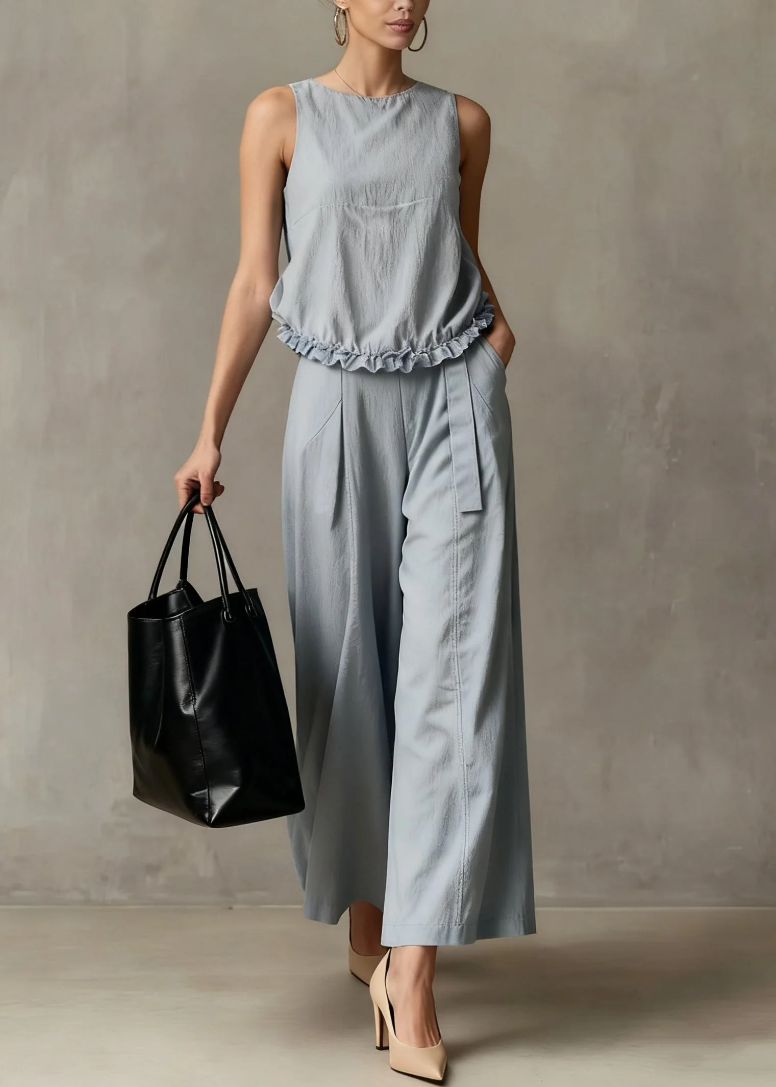 Elegant Haze Blue Ruffled Pockets Cotton Two Piece Set Summer - Image 5