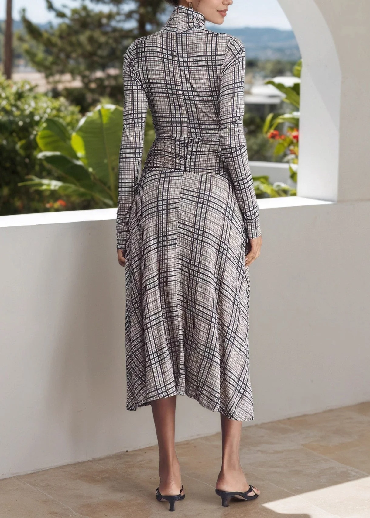Elegant Hign Neck Plaid Patchwork Cotton Long Dresses Spring - Image 2
