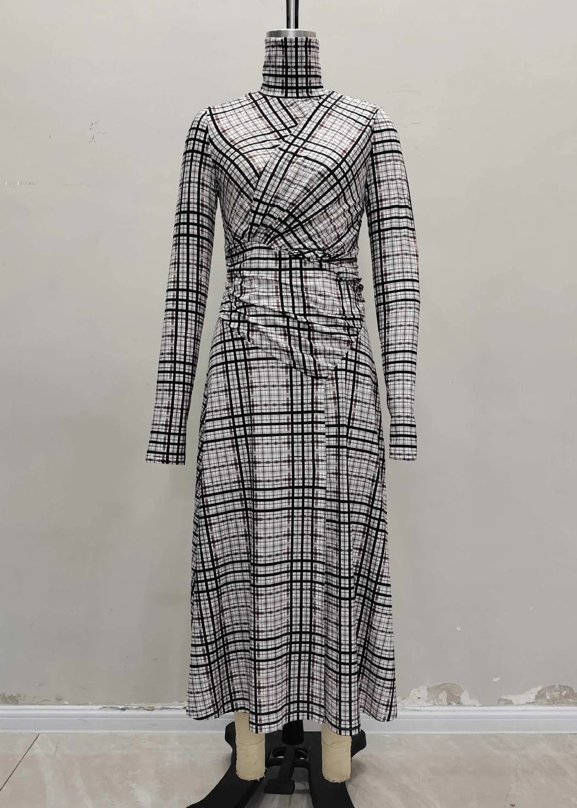 Elegant Hign Neck Plaid Patchwork Cotton Long Dresses Spring - Image 5