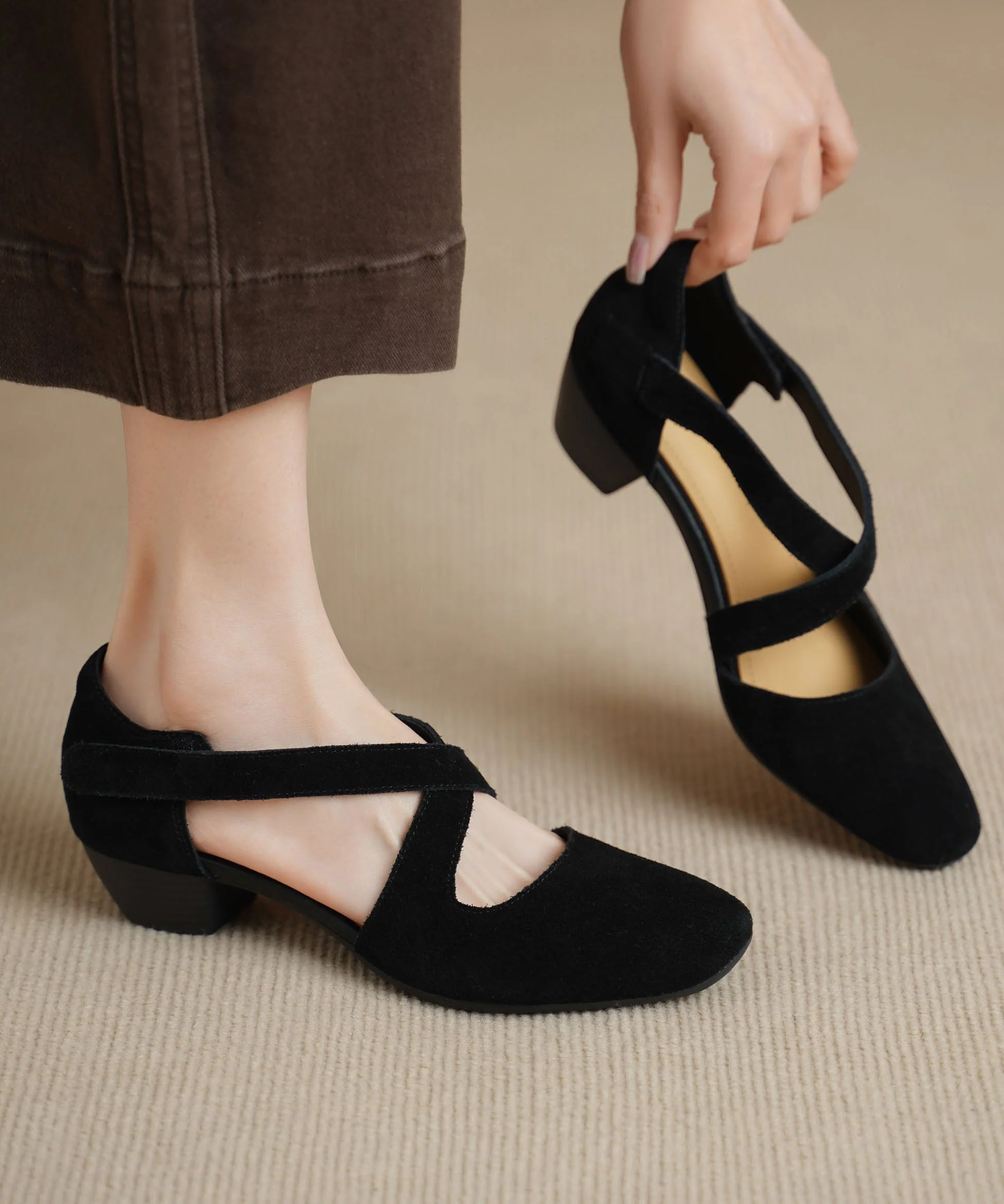 Elegant Hollow Out Splicing Chunky Sandals Light Khaki Suede - Image 2