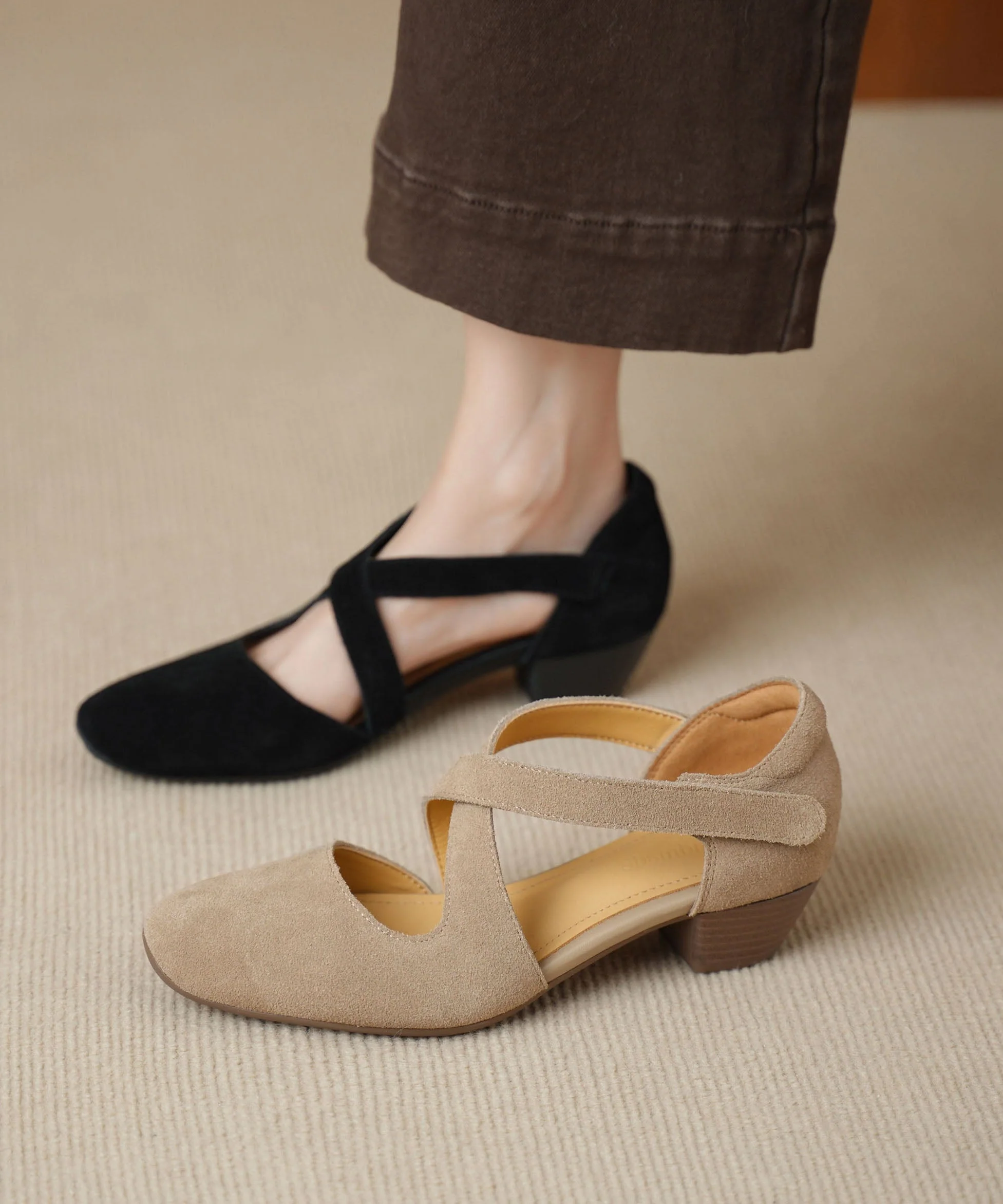 Elegant Hollow Out Splicing Chunky Sandals Light Khaki Suede - Image 5