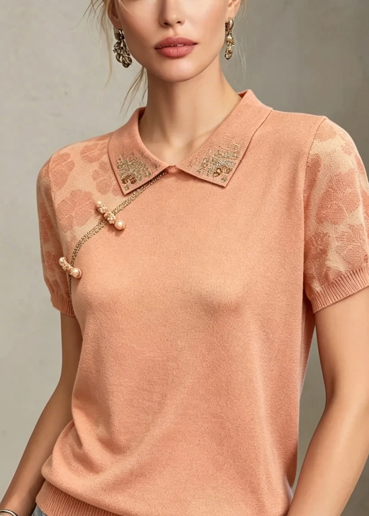 Elegant Jacquard Peter Pan Collar Zircon Thin Knit Tops Summer - Image 2