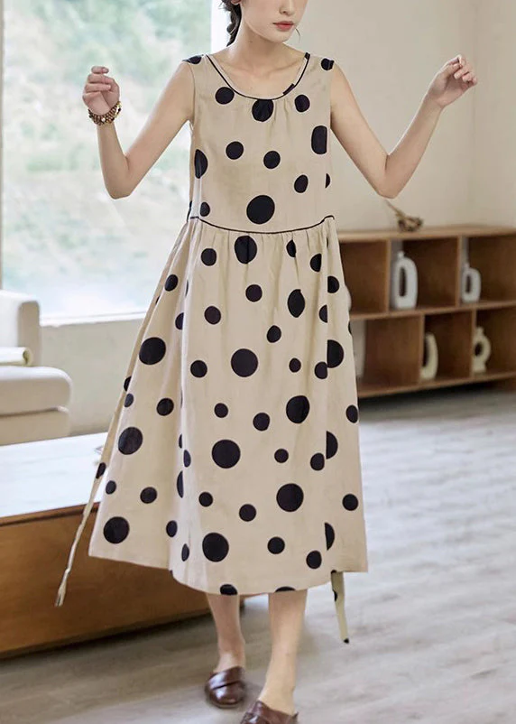 Elegant Khaki Dot Pockets Tie Waist Cotton Long Dress Sleeveless - Image 2