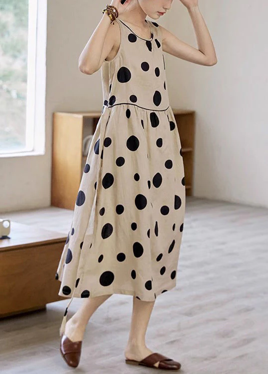 Elegant Khaki Dot Pockets Tie Waist Cotton Long Dress Sleeveless - Image 3