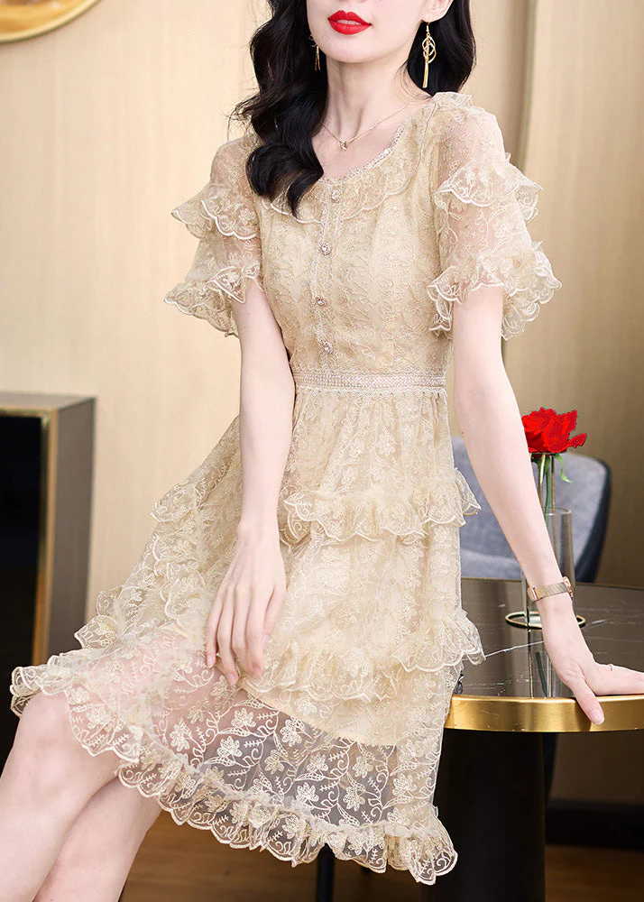 Elegant Khaki Embroidered Ruffled Lace Mid Dress Summer - Image 2