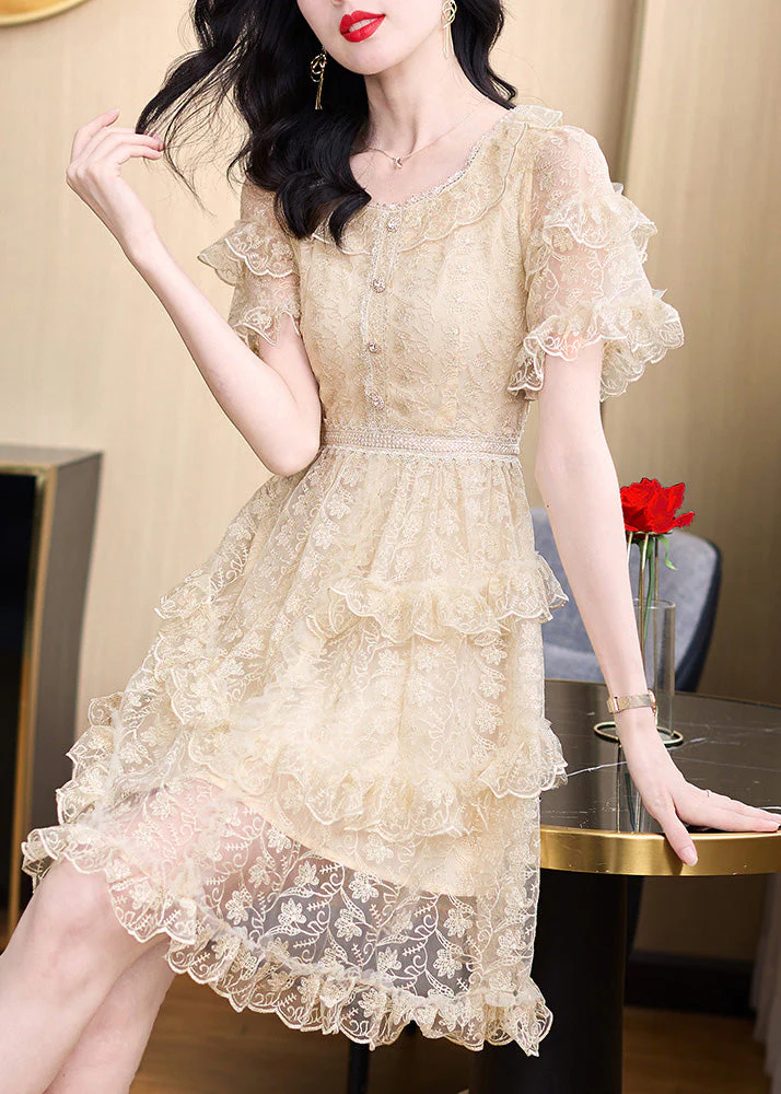 Elegant Khaki Embroidered Ruffled Lace Mid Dress Summer - Image 3