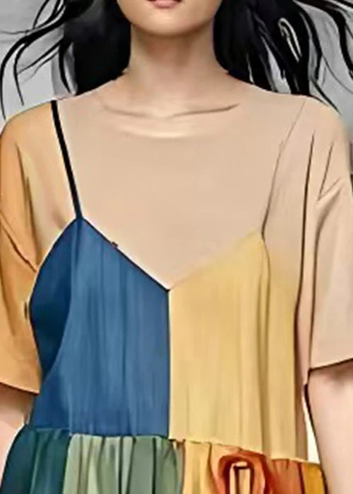 Elegant Khaki Layered Patchwork Tulle Cotton Long Dress Summer - Image 2