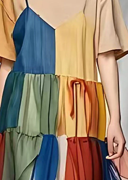 Elegant Khaki Layered Patchwork Tulle Cotton Long Dress Summer - Image 3