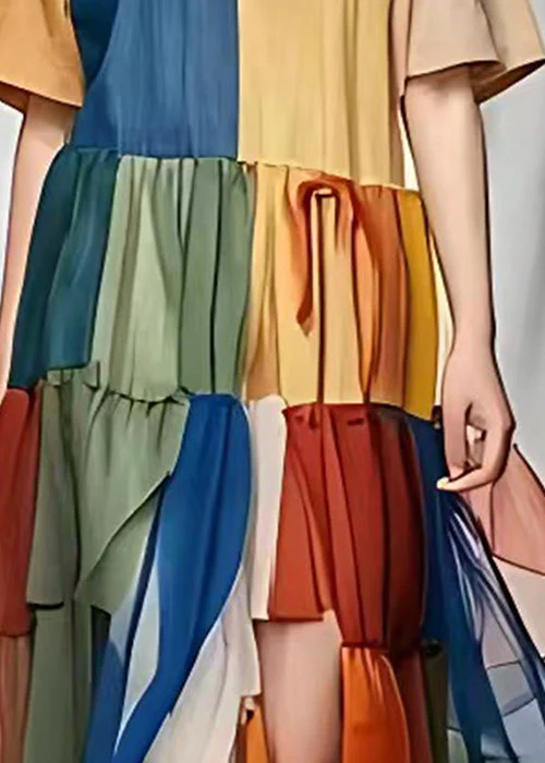 Elegant Khaki Layered Patchwork Tulle Cotton Long Dress Summer - Image 4