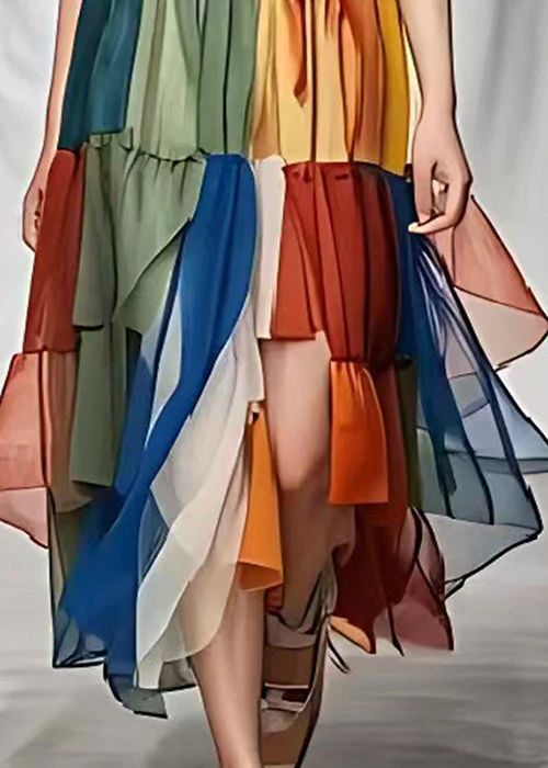 Elegant Khaki Layered Patchwork Tulle Cotton Long Dress Summer - Image 5