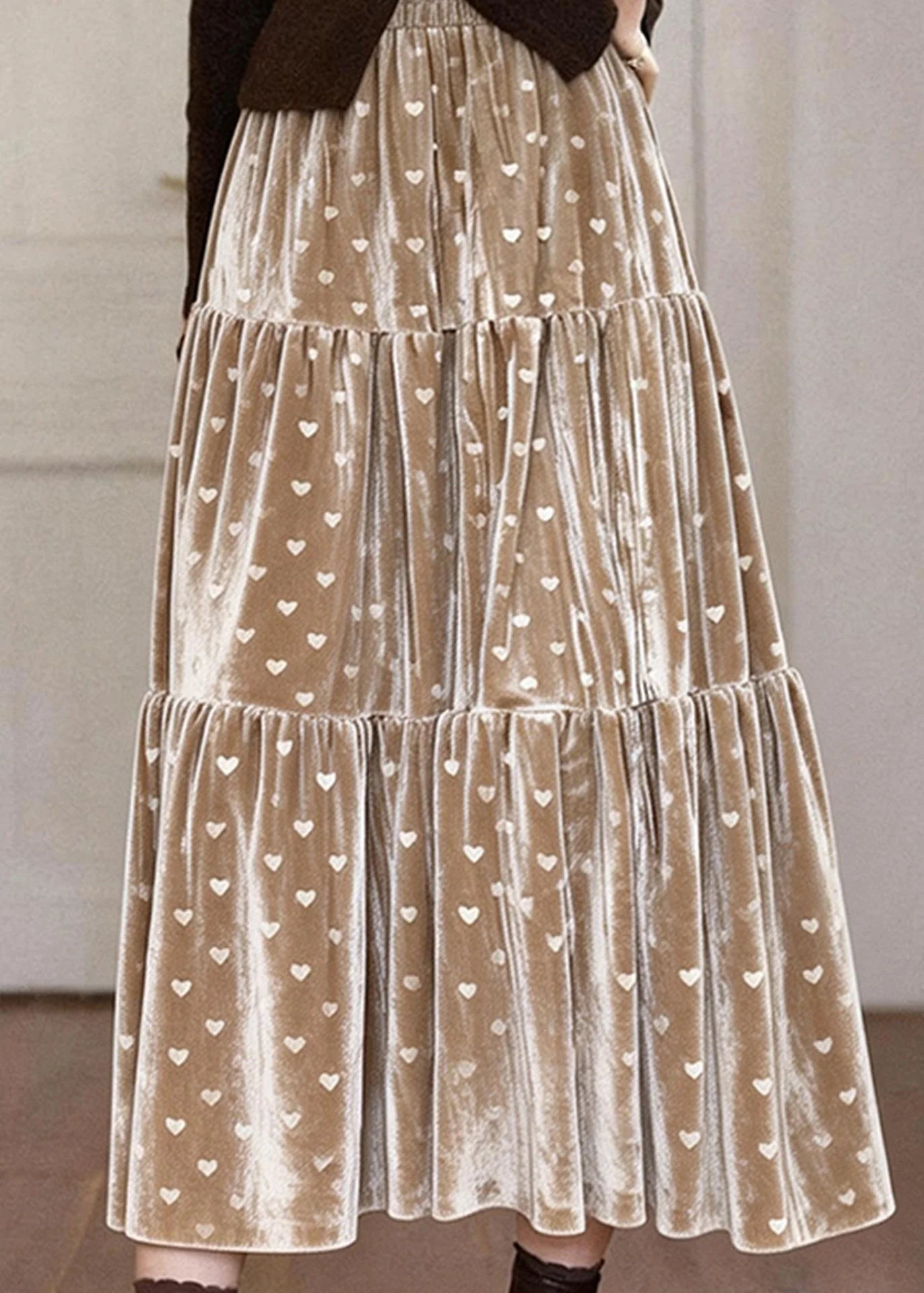 Elegant Khaki Love Print Patchwork Silk Velvet Skirts Spring - Image 3